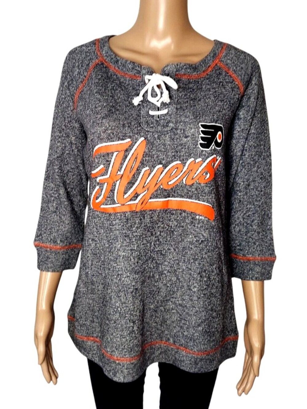 Philadelphia Flyers Womens Top Size Small 4/6 Gray Knit Jersey Lace Up Neck NHL